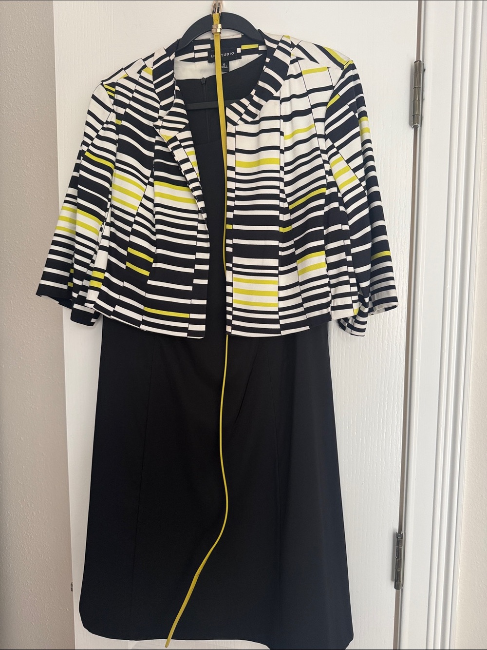 I.N. Studio Black Dress with Black, White & Yellow Striped Cropped Jacket